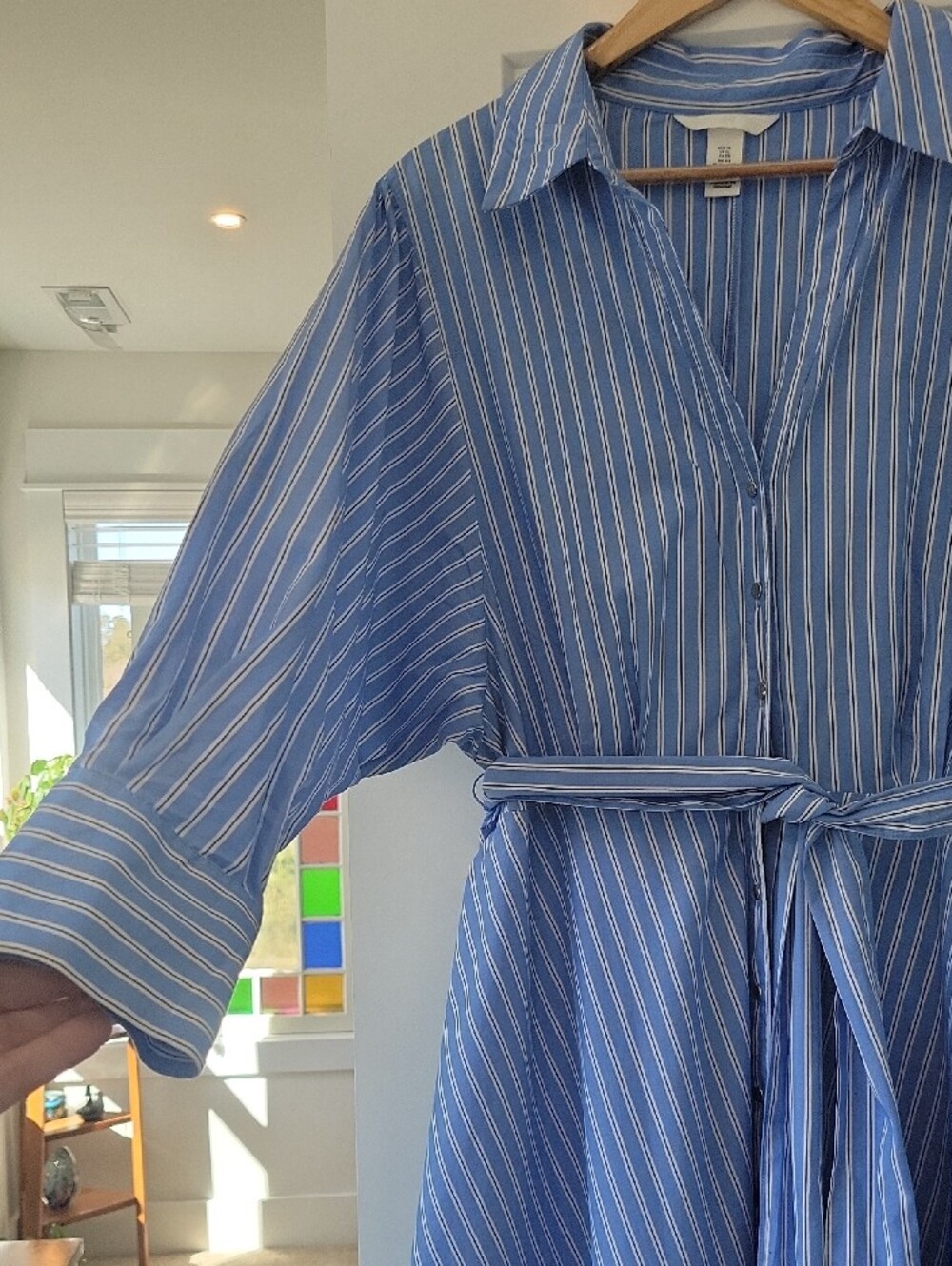 H&M Blue and White Striped Maxi Cotton Shirt Dress with Tie Waist - Picture 7 of 9